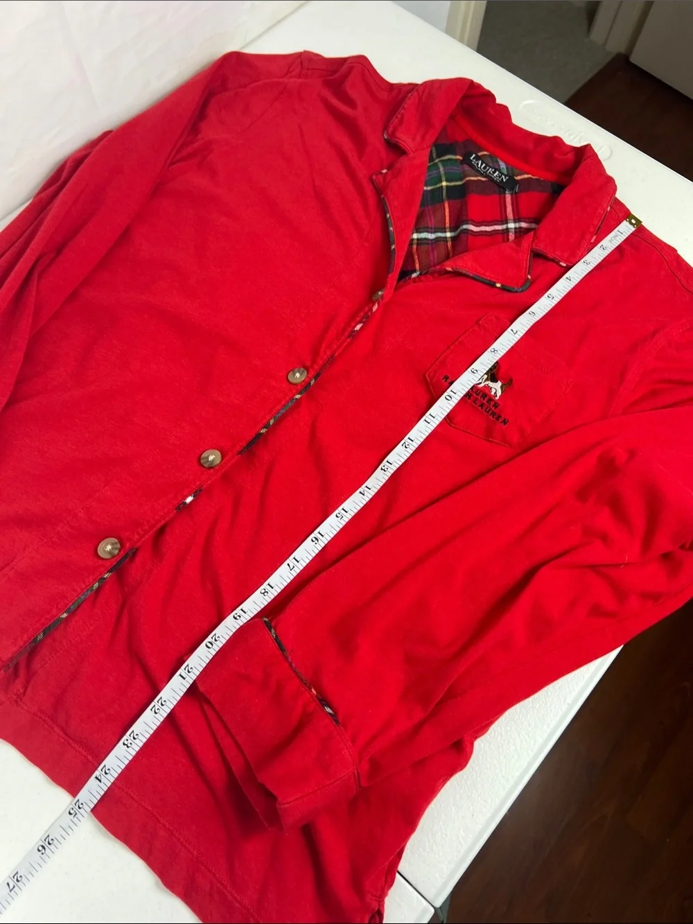 LRL Sz XL Pajama Set Red Embroidered Dog Plaid Trimmed Red Cotton
